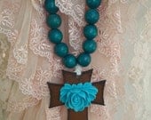 Rustic Gypsy LOVE Beads Turquoise Shabby Hippie Cowgirl Wood Rusted Cross Pendant with Turquoise Resin Flower 32 Inches Long Free S&H