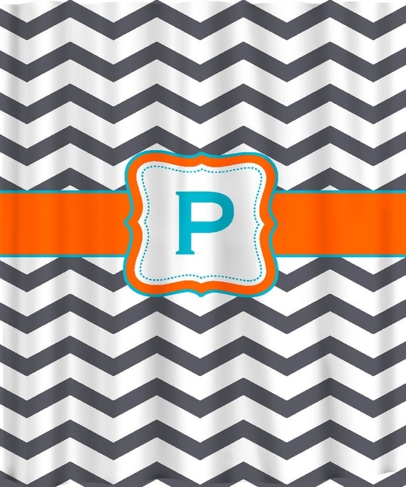 Personalized Shower Curtain - Dk Grey & White Chevron with Accent colors of your choice