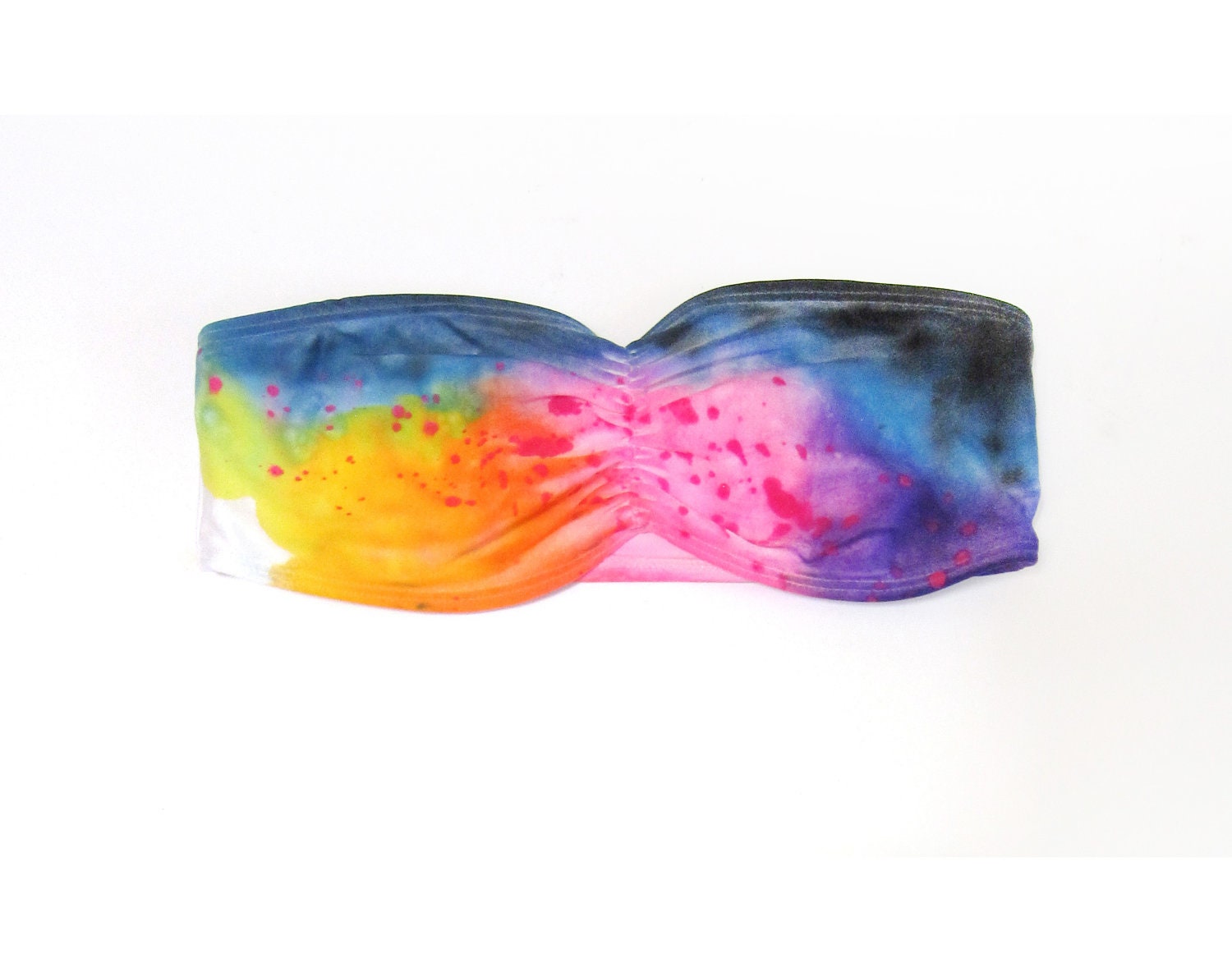 The Original "Splash Dyed" Hand PAINTED Ruched Front Bandeau Bikini Swimsuit Tube Top in White Spectrum Rainbow - S M L