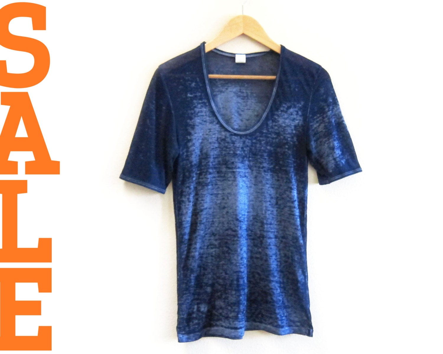 SALE Vintage Super Sheer Tissue Destroyed Scoop Neck Tunic Tee in Burnout Royal Blue - M / L
