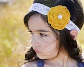 BABY RUTH - Mustard yellow and cream lace rose headband