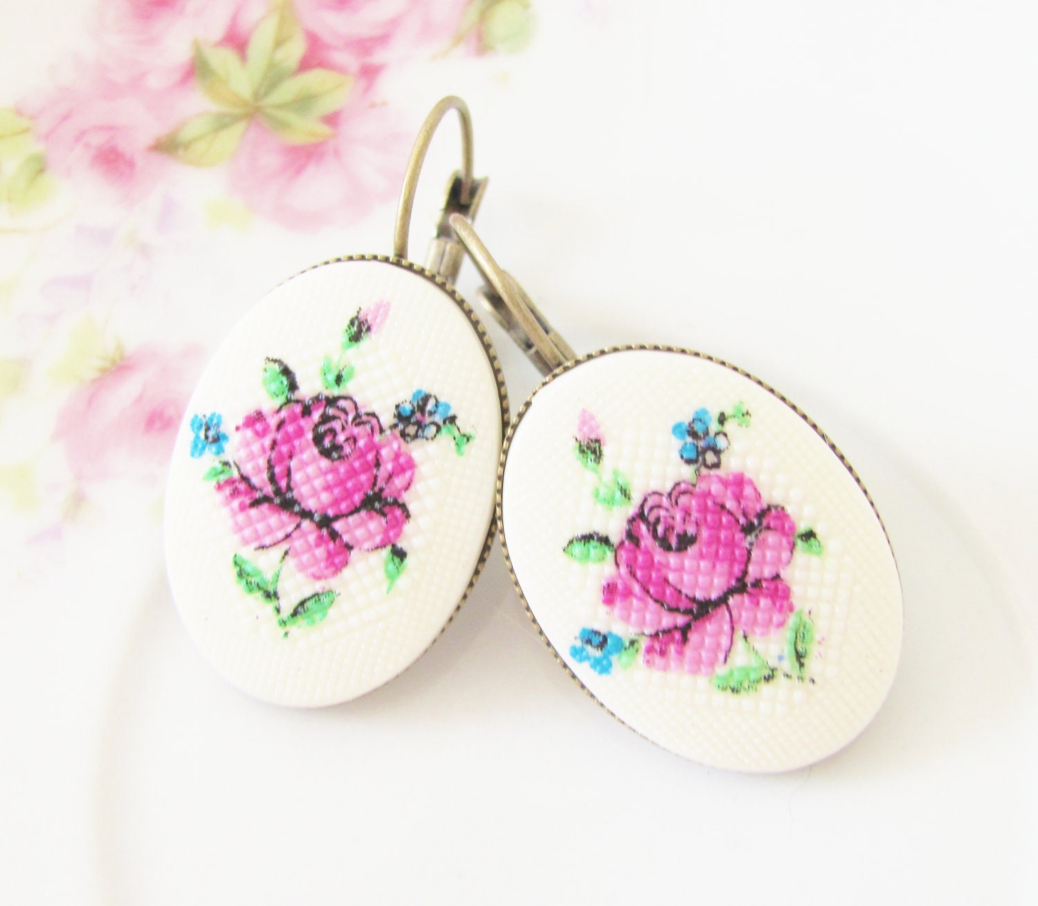 Purple Flower Earring -Vintage Purple Rose Needlepoint Antique Brass Lever Back Drop Dangles - Wedding, Bridal, Bridesmaid