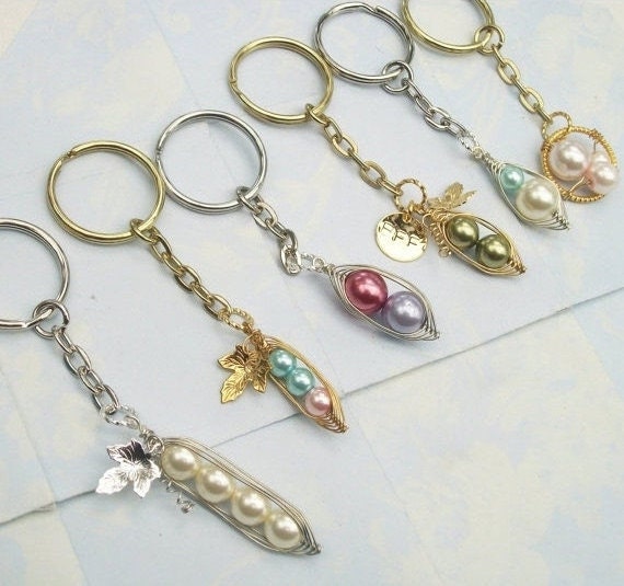 Peas in a Pod Keychain - Choose your Style, Pearl Color and Metal Color - 2,3, or 4 peas