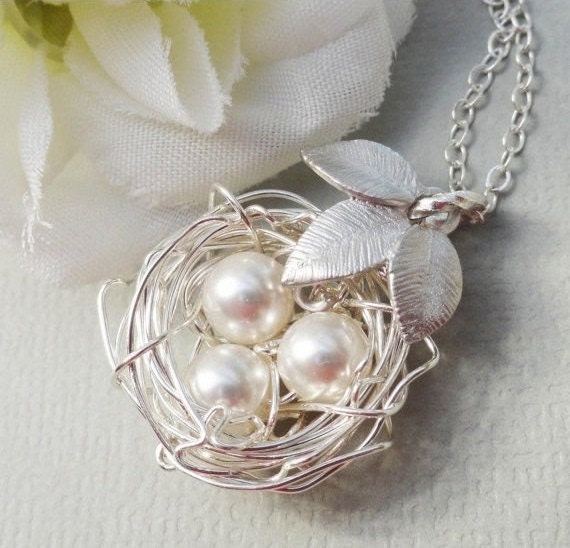 Sterling Silver Birds Nest With Three Leaves - ALL Sterling Silver Rustic Nest