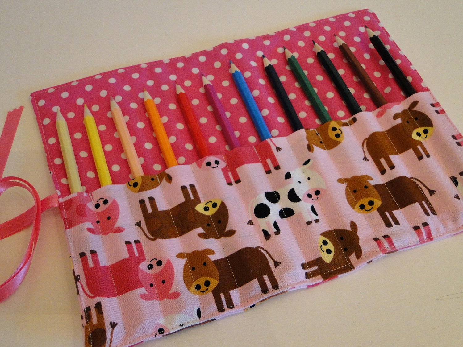 Fabric pencil roll - Pink Cows by Ann Kelle