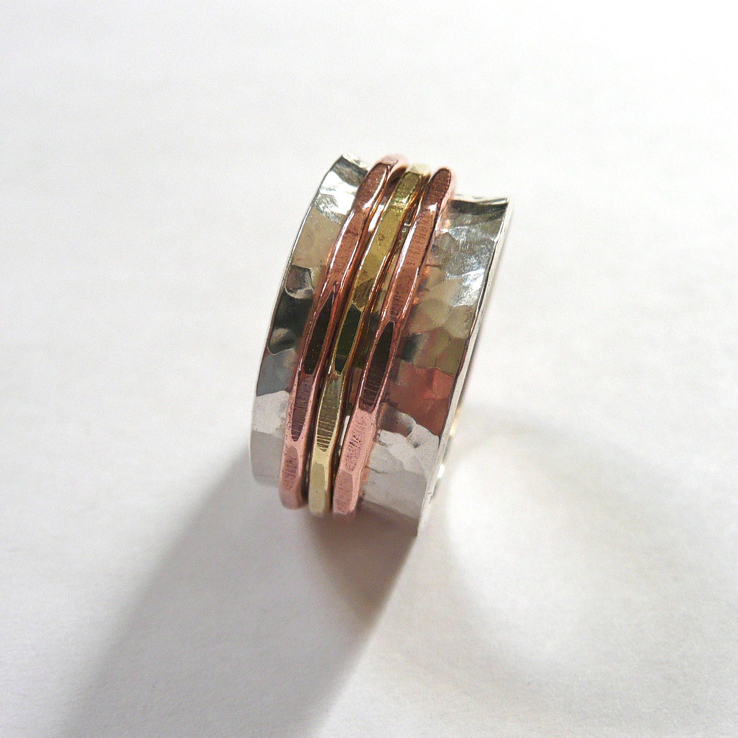Tri Color Spin Ring in silver copper and brass made to order in your size