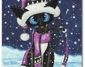 Siamese Cat Winter Snow Purple Hat Scarf Pet ArT - 5x7 Print by AmyLyn Bihrle