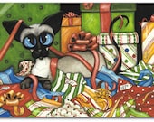 Siamese Cat Christmas Gift Wrap & Ribbon Fun ArT -  Limited Edition ACEO Print by AmyLyn Bihrle