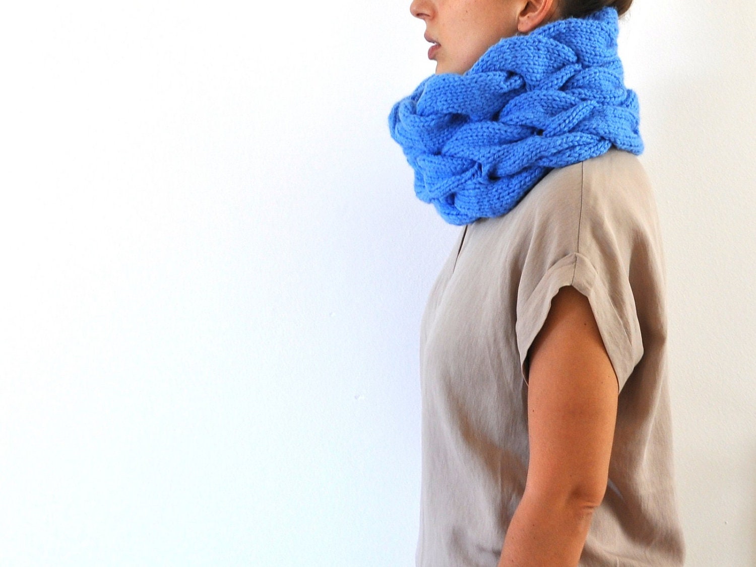 Blue Scarf Cowl Neckwarmer Chunky Cable Knit Braided Hand Knit