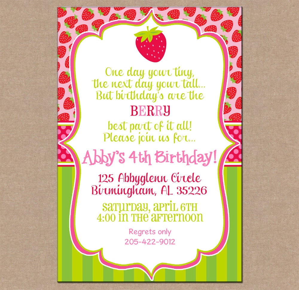 12 Personalized Printed Girl Strawberry Berry Shortcake Birthday Invitations with envelopes