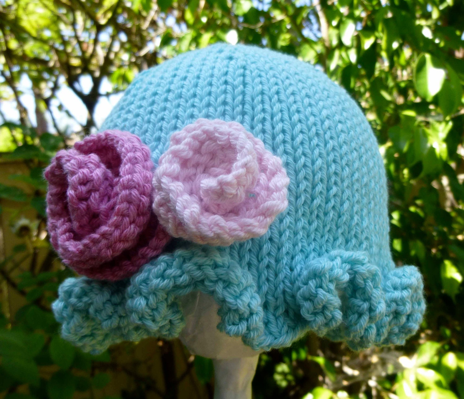 Adorable Hand Knit Baby Hat Ruffled Brim Flower Trim