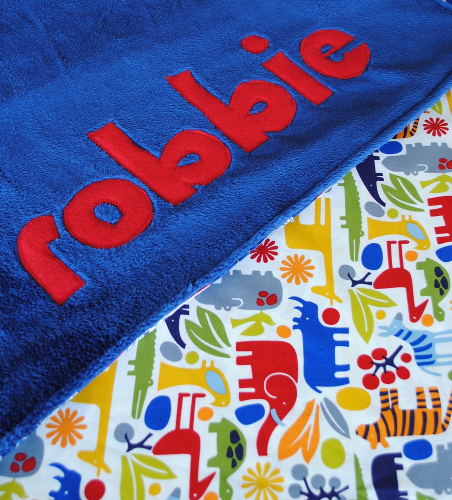 Handmade Personalized Baby Stroller Blanket in 2-D Zoo in Primary Colors