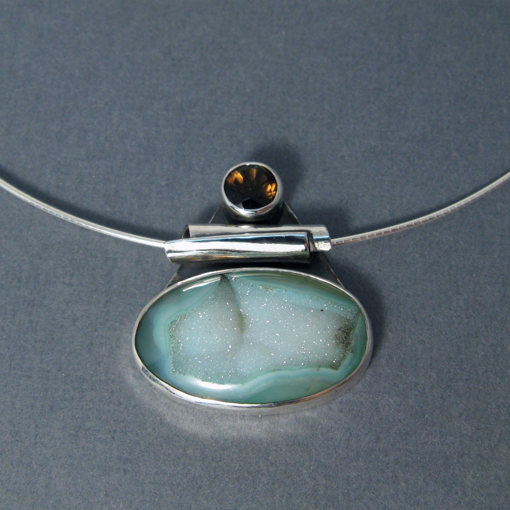 Druzy necklace in sterling silver, women's mint green necklace with smoky quartz, handmade