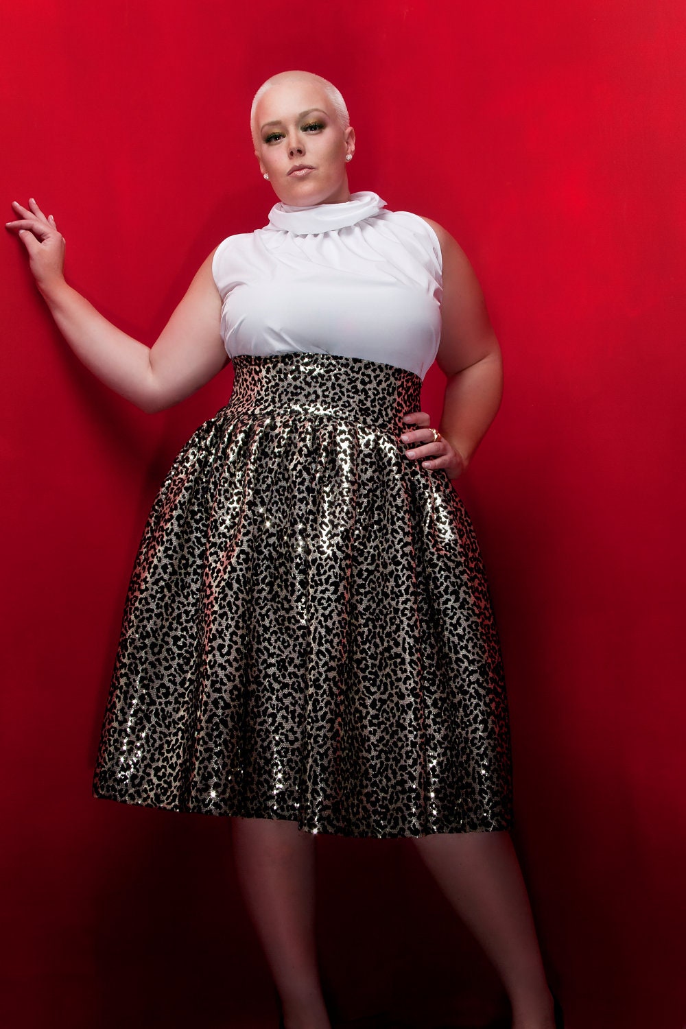 JIBRI Plus Size High Waist Flare Skirt (Leopard Sequin)