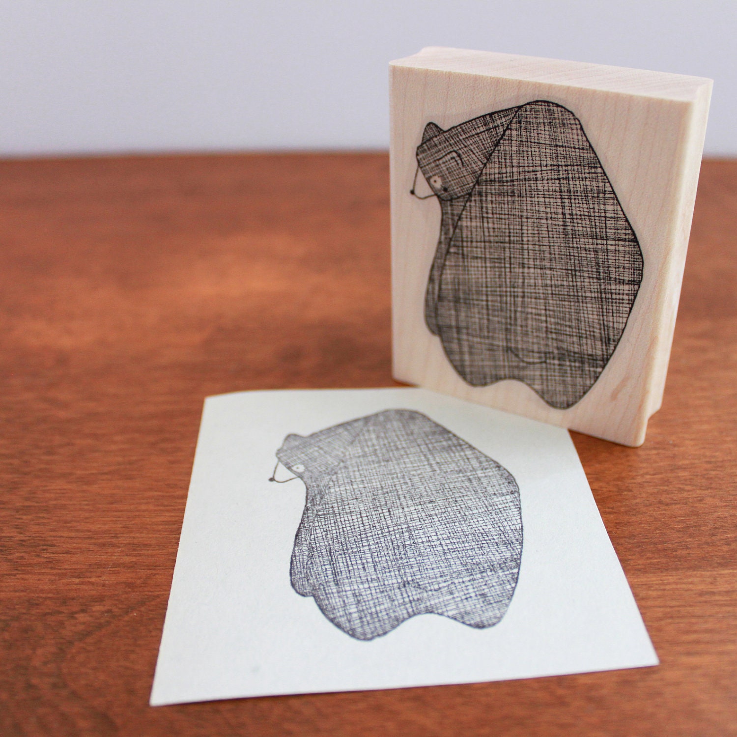SALE - Large Rubber Stamp - January Bear Wood Mounted Stamp
