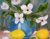 Art Print of Original oil painting dogwood lemons blue impressionist