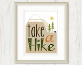 Take a Hike Poster: Summer Camping Print - Mountains, Evergreen Tree, Squirrel - Typography, Chevron, Stripes - Men - Brown, Orange 8 x 10 - sweetharvey