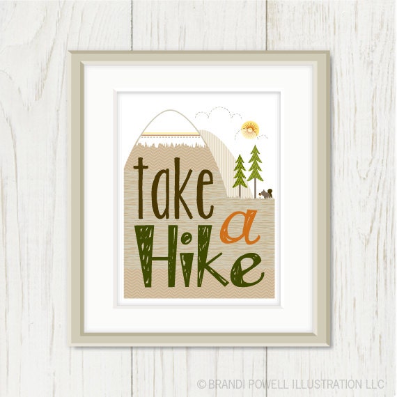 Take a Hike Poster: Summer Camping Print - Mountains, Evergreen Tree, Squirrel - Typography, Chevron, Stripes - Men - Brown, Orange 8 x 10