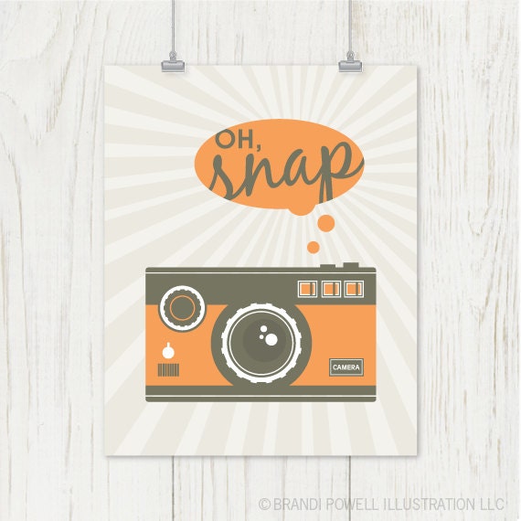 Retro Camera Print/Camera Poster: Oh Snap - Vintage Camera, Funny quote, Orange, Black, Grey - Choose Your Color 8 x 10