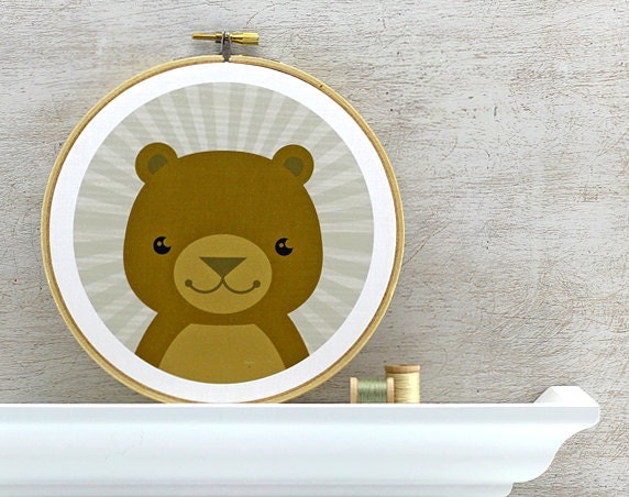Bear Embroidery Hoop Art: Woodland Brown Bear Nursery Art - Fabric Wall Hanging, Brown, Khaki, Grey, White, Men, Woodgrain, Ready to Hang