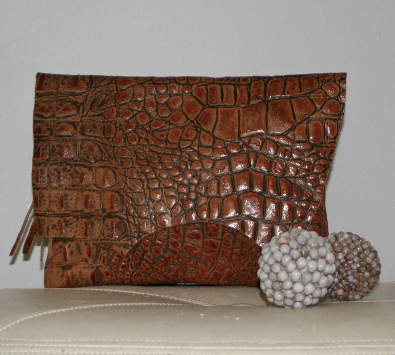 Square Croc Clutch - Crocodile Embossed Raw Edge Brown Leather Clutch - UOOAK- High Quality Premium European Leather