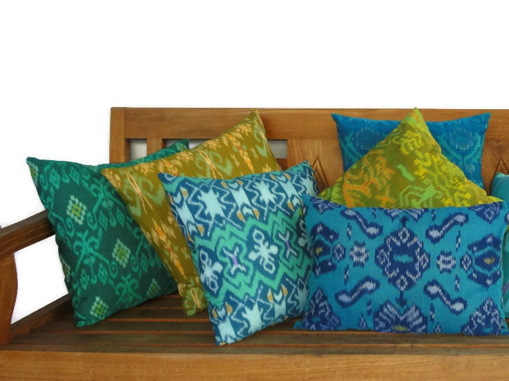 Set of 9, Ikat, Pillows, Cushions, Cotton, Handwoven, 16x16, 12x18, Emerald, Turquoise, Lime