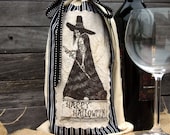 Happy Halloween Vintage Witch Wine Bottle Bag- Folk, Treat Bag, Primitive Halloween, Halloween Party