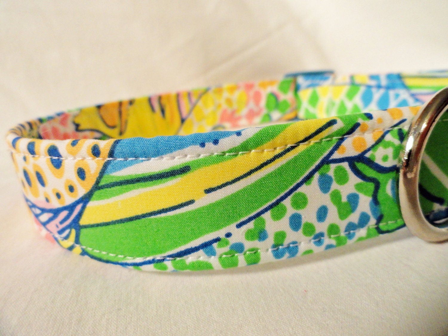 Lilly Pulitzer Fabric Dog Collar Blue Green Yellow Pink Tropical Fish from PinkysPetGear on Etsy
