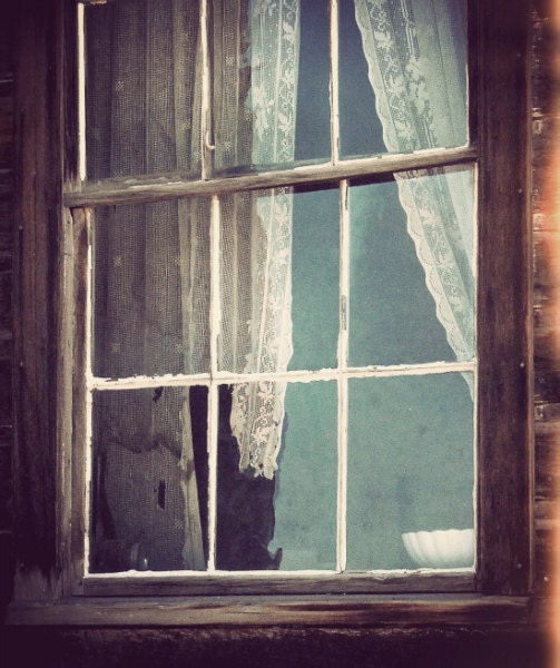 Shabby Window Photo "Curtain Lace Billow" Tattered Curtain Woodland Cabin Photograph - missquitecontrary