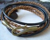Leather Bracelet , Triple Wrap, Black and Natural Braid, Antique Bronze, Hook Clasp, Mens Bracelet, Womens Bracelet, Mens Jewelry