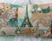 Pillow with Romance Travel Eiffel Tower Globe Butterflies Venice Gondola Gold letterings aqua