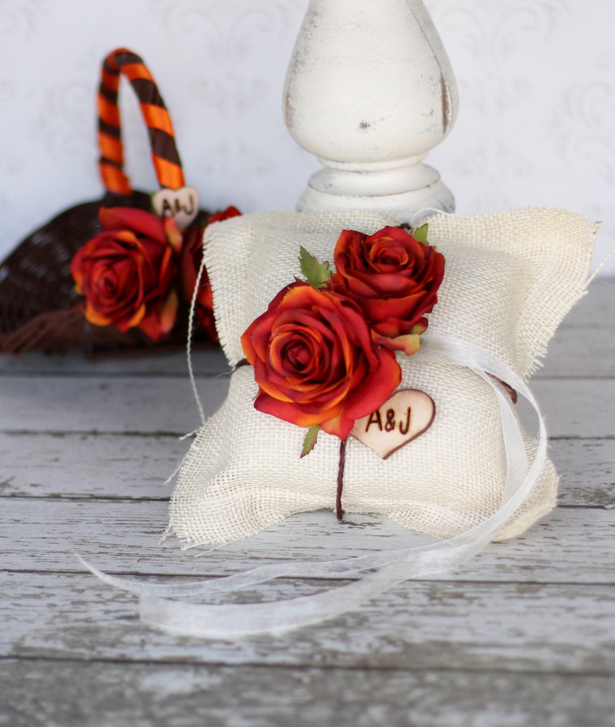Rustic Fall Flower Girl Basket AND Ring Bearer Pillow SET
