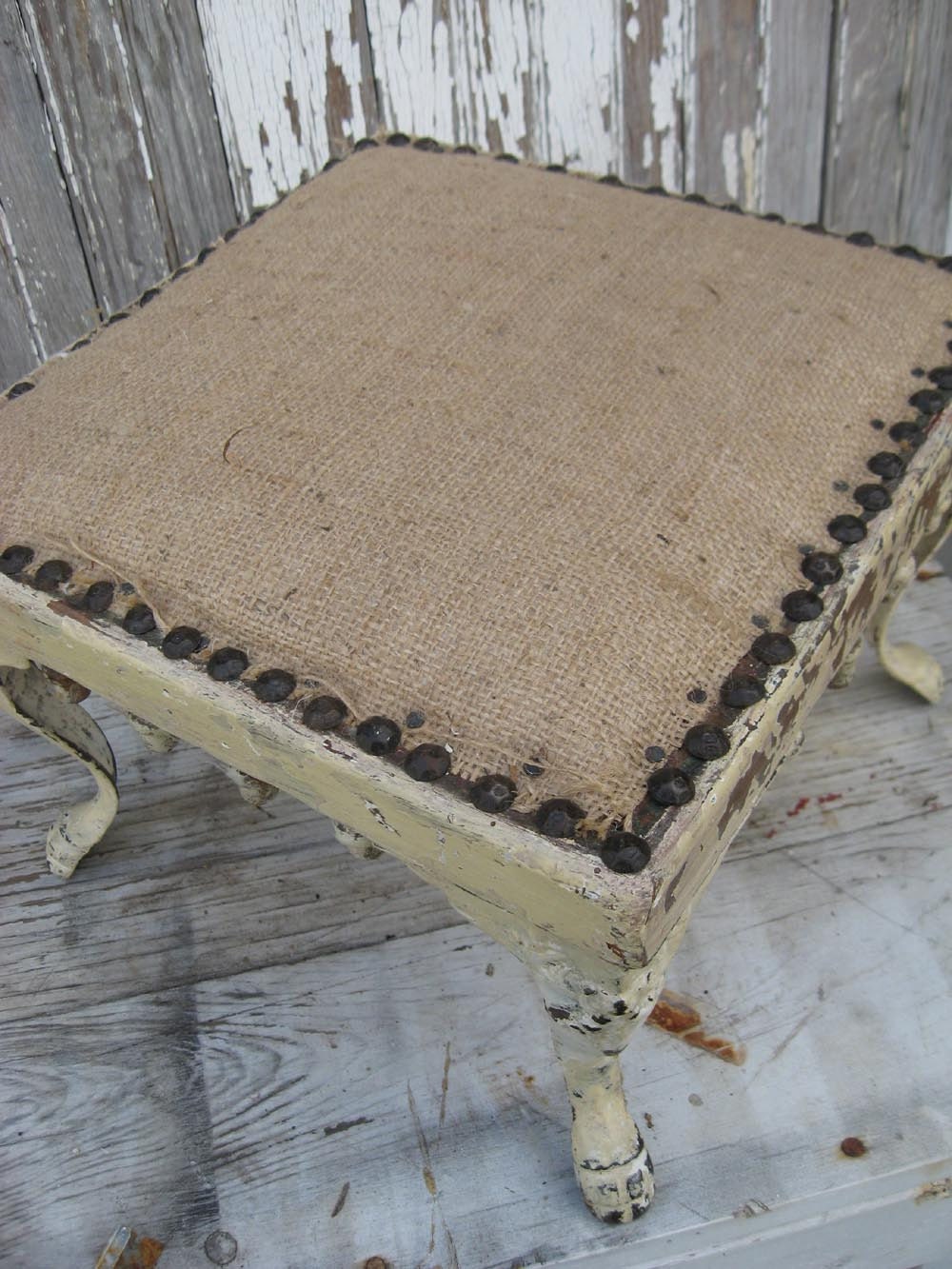 Antique handmade STOOL with BURLAP seat and original CHIPPY ivory paint