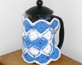 French Press or Cafetiere cosy - Bavarian Crochet Cornish Blue and White