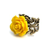 Yellow Rose Ring. Thick Filigree. Adjustable Cocktail Ring