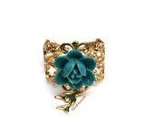 Teal Flower Rose Ring. Mermaid's Lotus Ring. Gold Tone Filigree Ring. Dolphin Charm. Adjustable