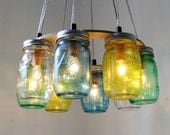 SEA GLASS Mason Jar Chandelier - Upcycled Hanging Mason Jar Lighting Fixture Direct Hardwire - BootsNGus Lamps Rustic Home Decor