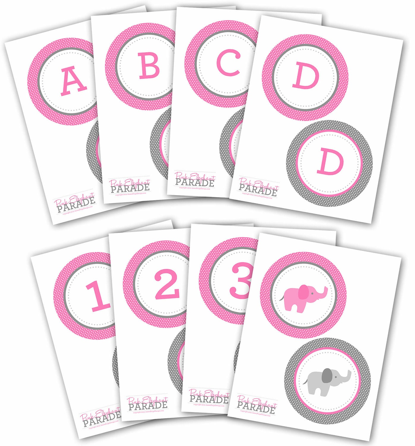 PINK ELEPHANT PARADE Make Your Own Banner Set.  Includes Letters A - Z, Numbers 1 - 6 and Elephants.  34 files in all.