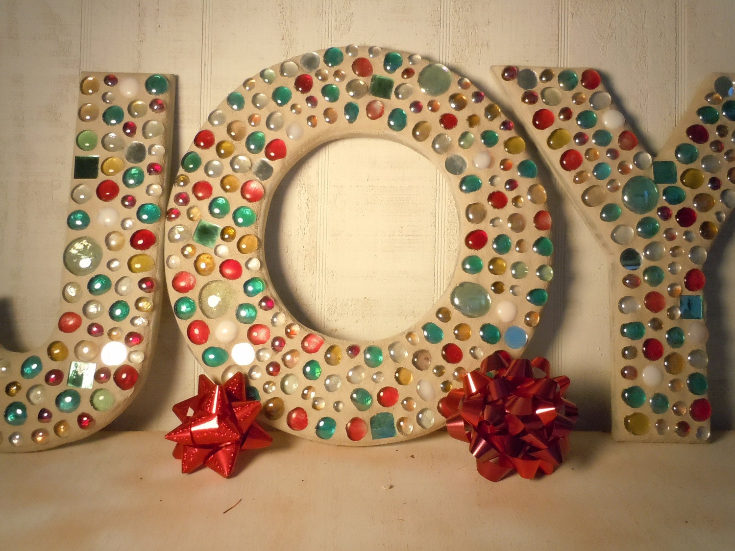 JOY - Large Mosaic Letters In Array of Christmas Colors OOAK