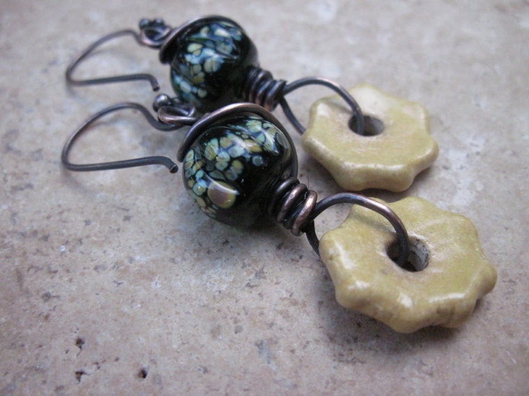 Earrings with Ceramic Discs and Lampwork Glass Beads