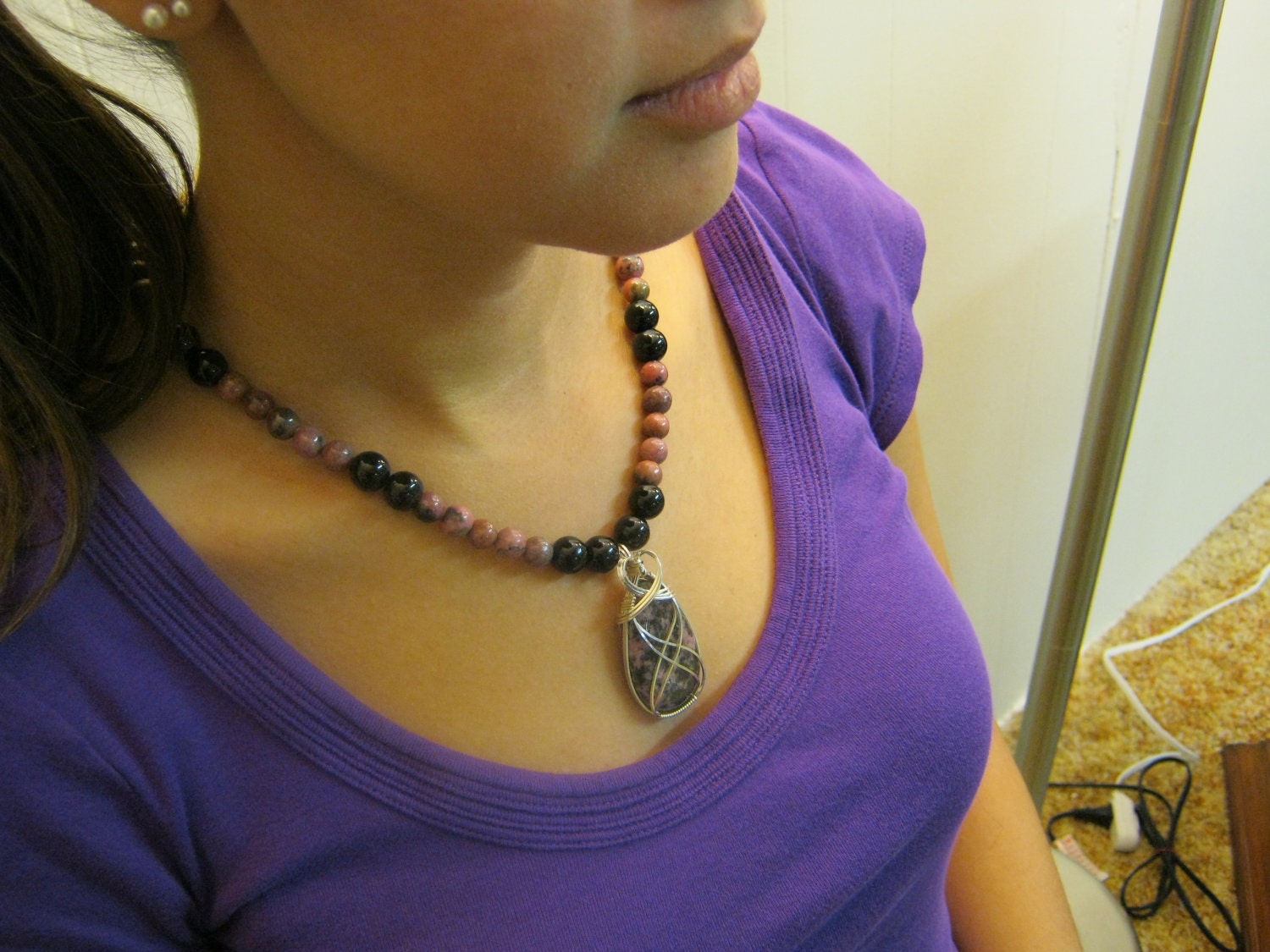 Rhodonite /Agate Gemstone Necklace,  Sterling Silver wire wrapped w/ Earrings