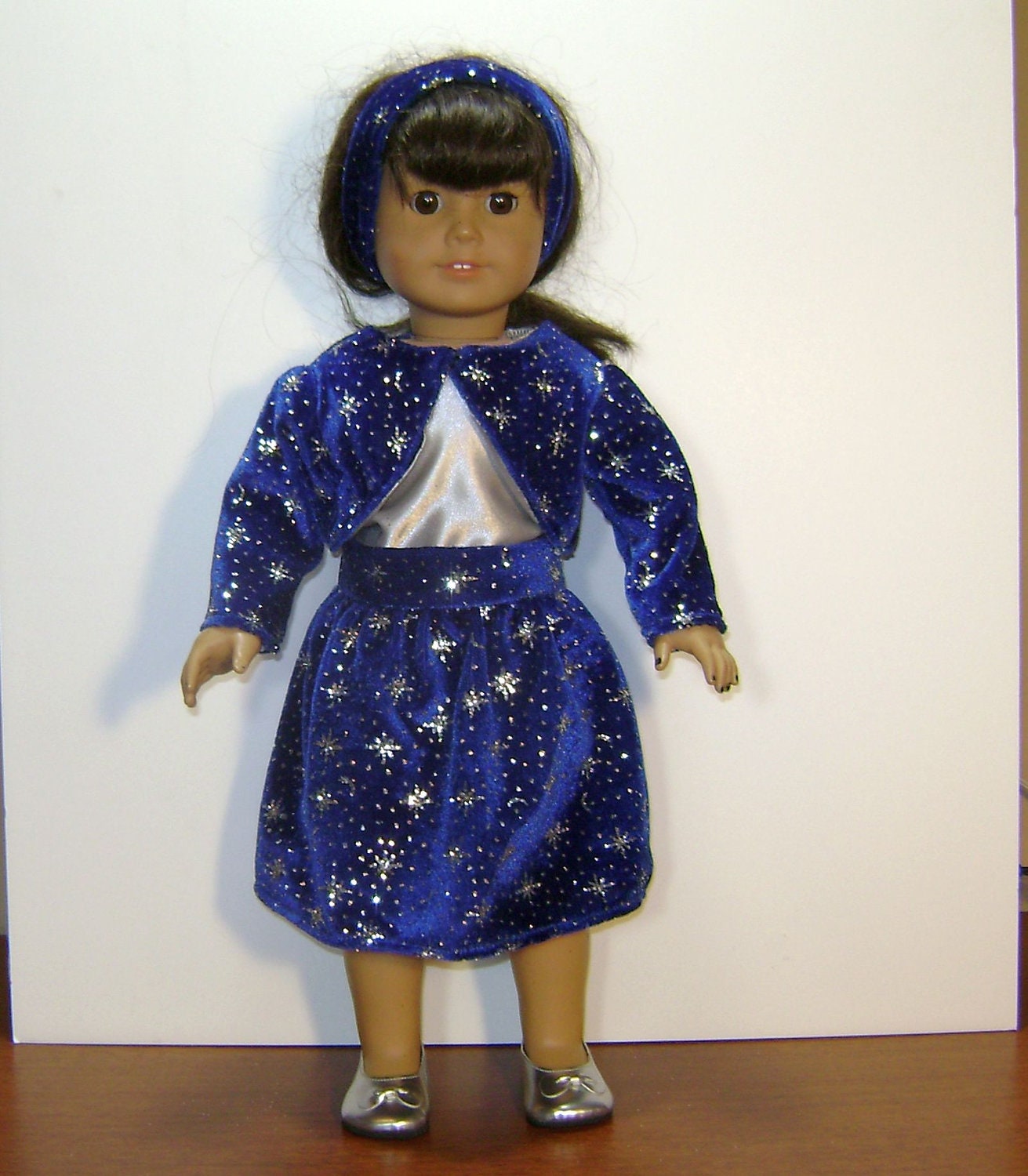 Blue Velour with Silver Glitter Stars Skirt and Jacket, Plus Matching Headband and Silver Tank  - 18 Inch Doll Clothes fits American Girl
