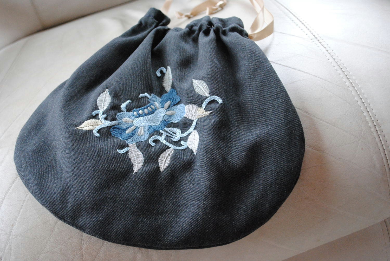 Reticule Handbag Purse Regency Austen Victorian Embroidered Wool Grey Blue Historical