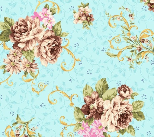 Japanese, Shabby Chic, ANTIQUE ROSES, Large Roses in Aqua, 1/2 Yard