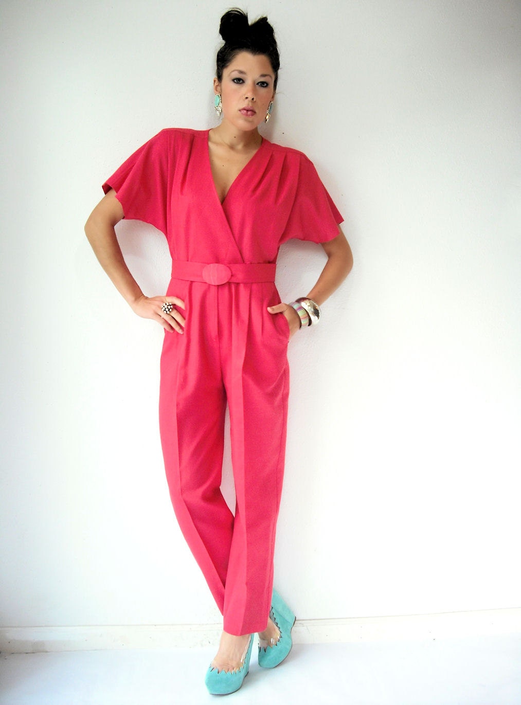 Salmon Pink 80's Vintage Jumpsuit / Wrap Deep V Bodice / Straight Leg Pants