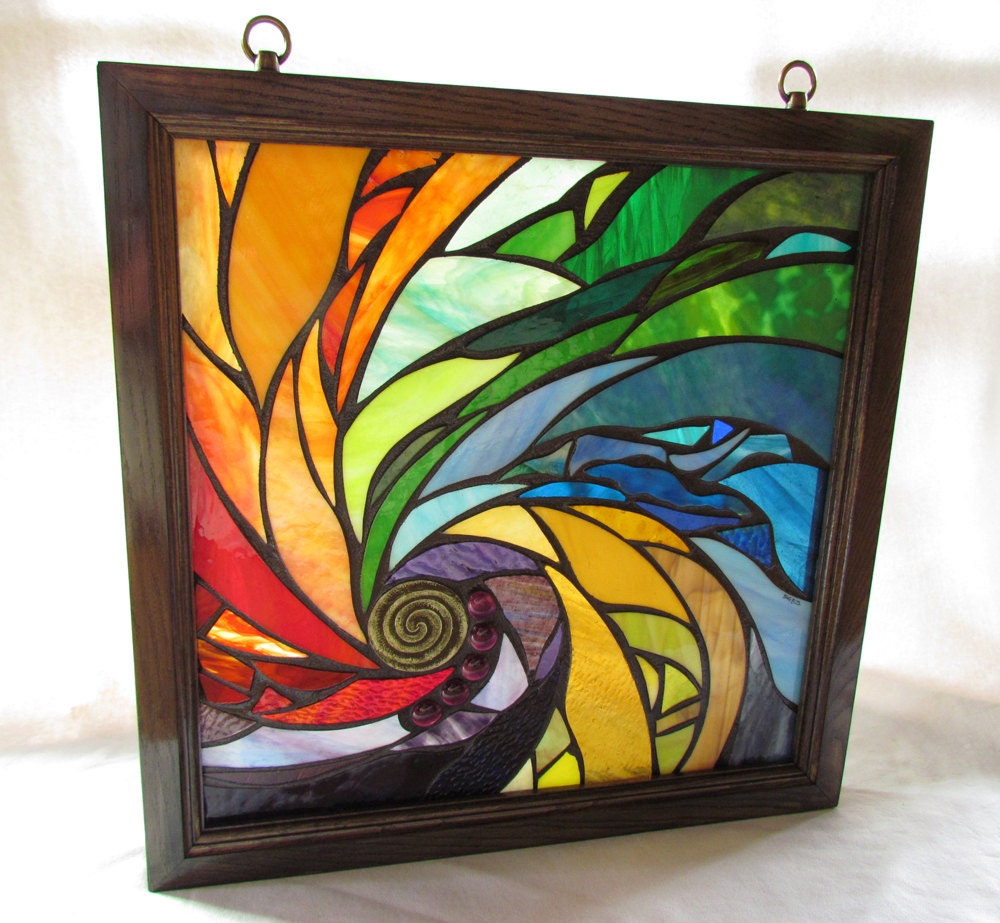 Stained Glass Mosaic Artwork - Spiral I - 18 X 18 inches - Wooden frame - By Glass artist Seba