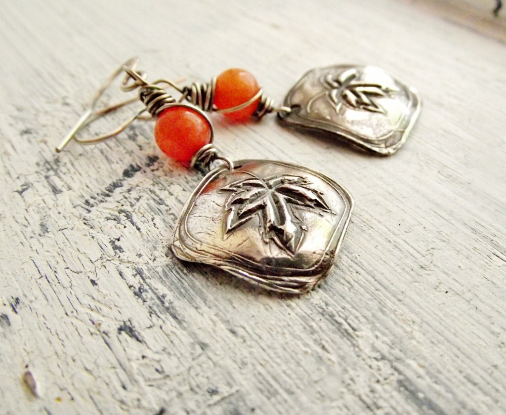 Leaf Dangle Earrings Orange Jade Fine Silver Earrings Metal Clay