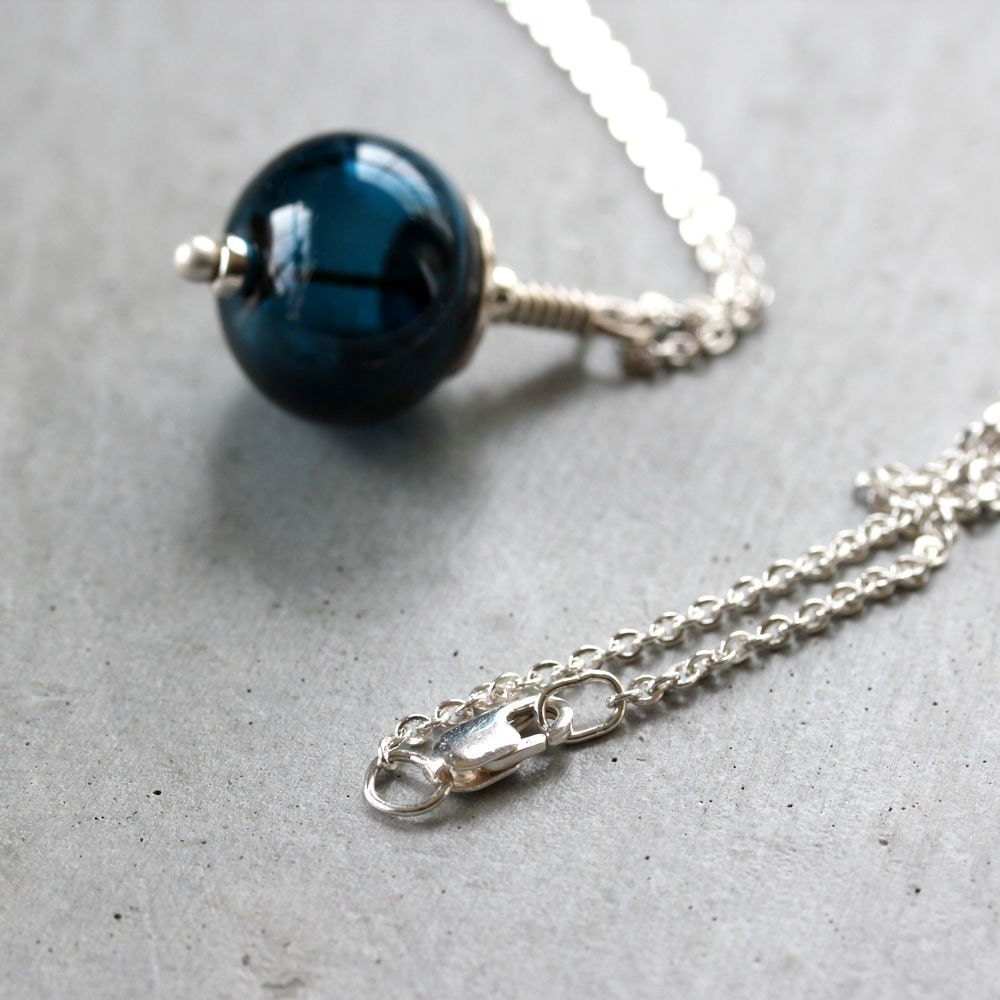 Lampwork Glass Necklace, Midnight Indigo Ink Blue Lampwork Hollow Sterling Silver Necklace - Blue Velvet