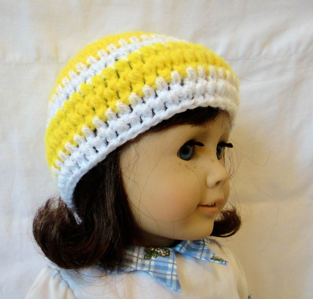 American Girl Crochet Beanie Hat Yellow White Stripes