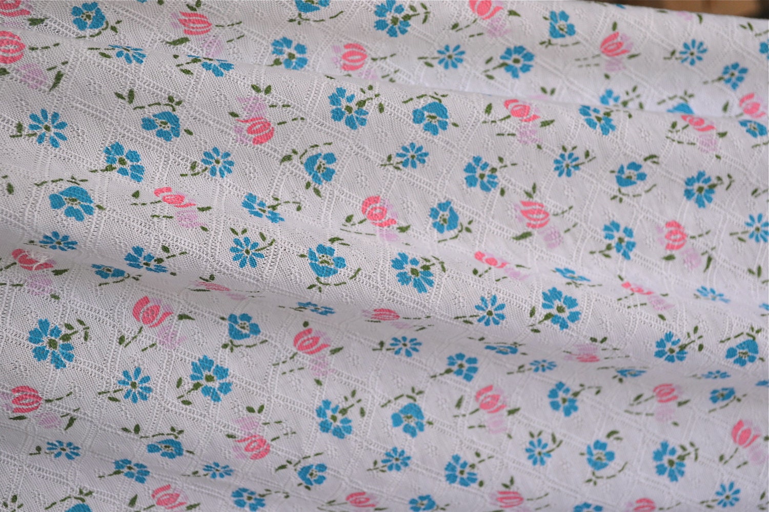 Vintage Fabric - Light Weight Knit Polyester with Pink and Blue Flowers - 54 x 58
